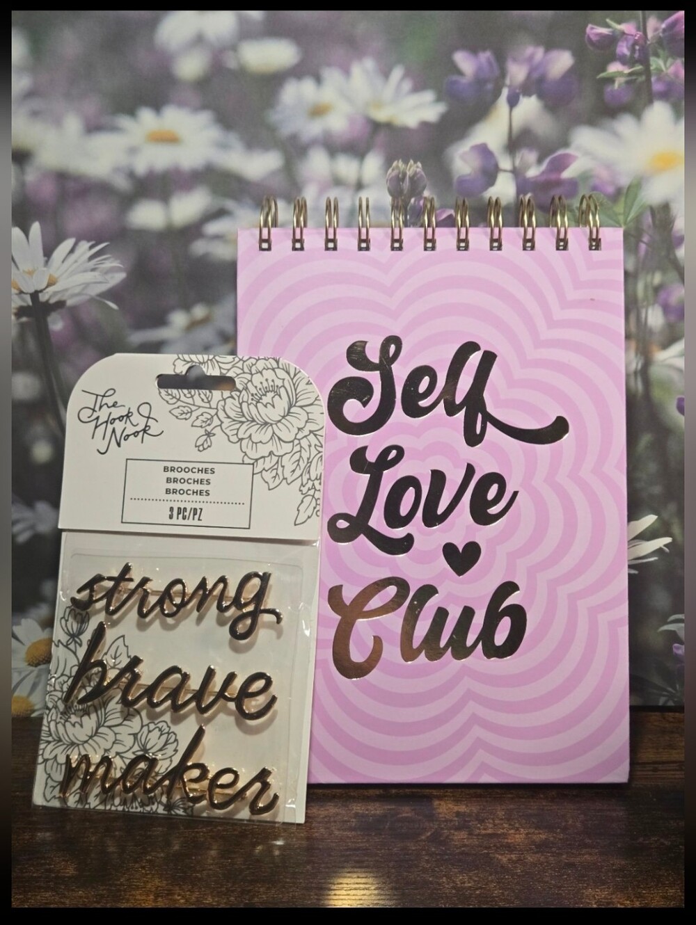1 Set Self Love Club A5 Spiral Notebook & 3 Gold Script Brooches Set
